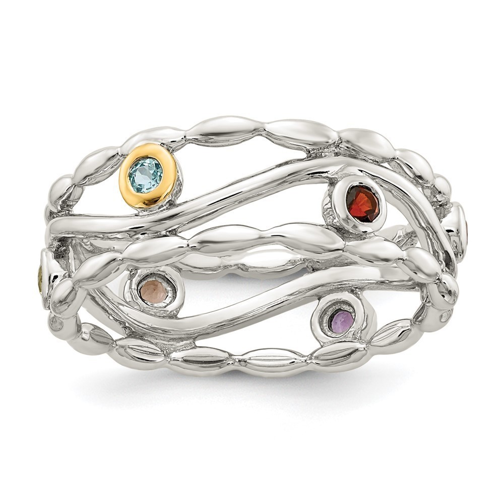 SS 14K Accent Amethyst Blue Topaz Citrine Garnet Peridot Smoky Quartz Ring Sz 7